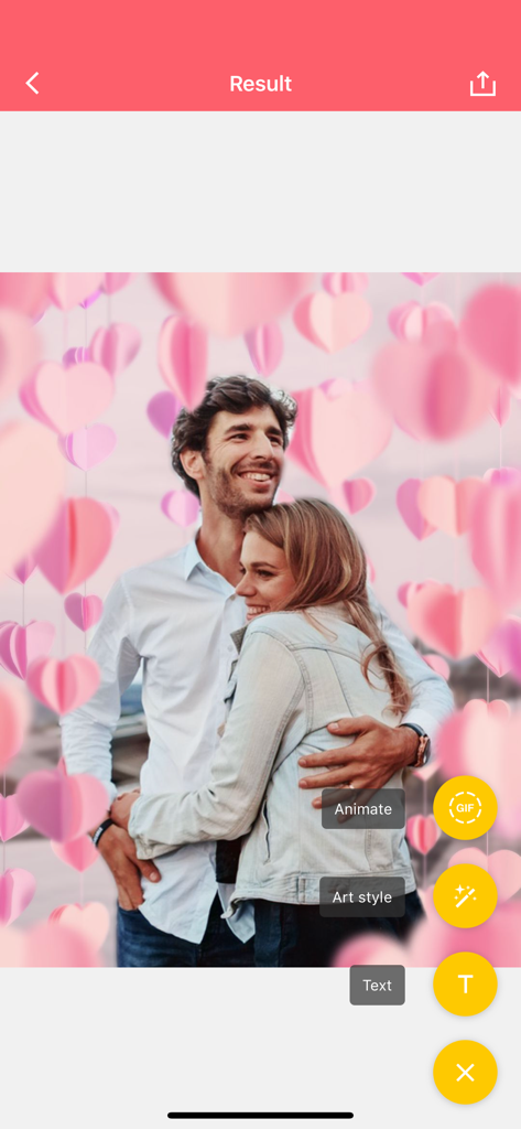 Love Cards + - Una pareja abrazándose en un marco de fotos romántico rodeado de corazones de papel rosa cayendo.