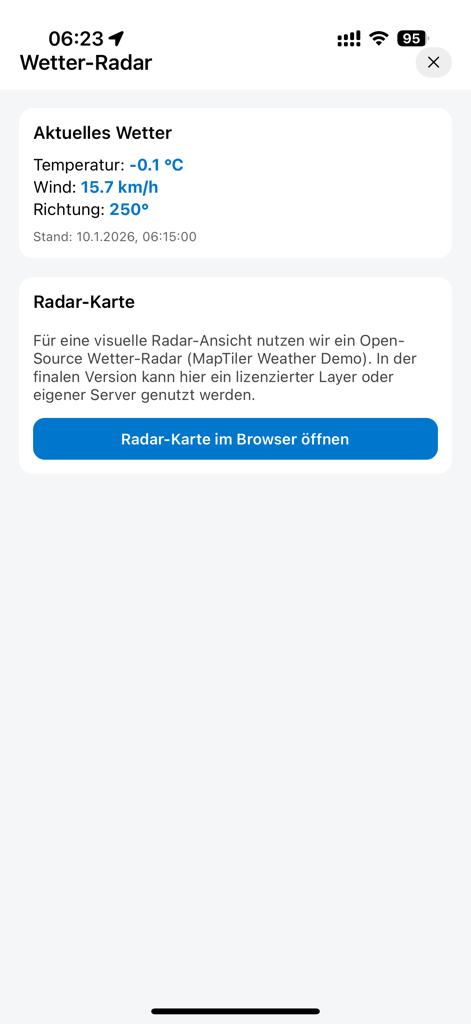 Pantalla de radar meteorológico y condiciones actuales en la aplicación móvil Davanci Boat Navi.