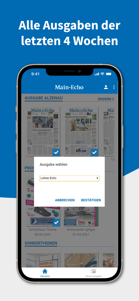 Smartphone screen showing the Main-Echo E-PAPER app interface with a regional edition selection menu and 4-week archive overview.