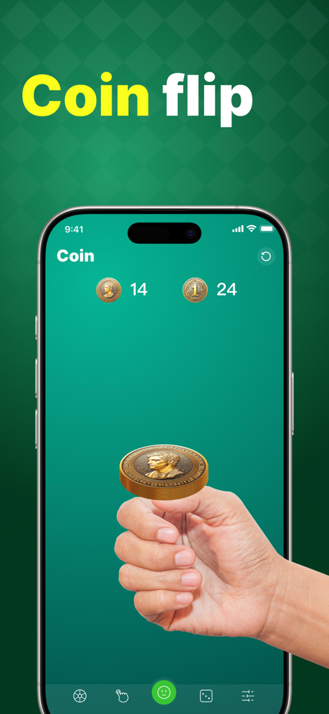 GK Decision Wheel - GK Decision Wheel app interface showing a hand flipping a gold coin for heads or tails