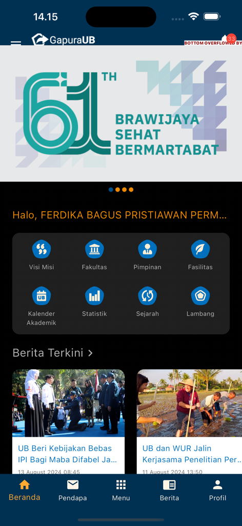 Gapura UB - Home screen of Gapura UB mobile app featuring university services and news