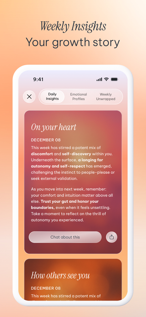Robyn: Talk, Feel, Grow - Screenshot of Robyn app displaying weekly emotional insights and a summary of personal growth.