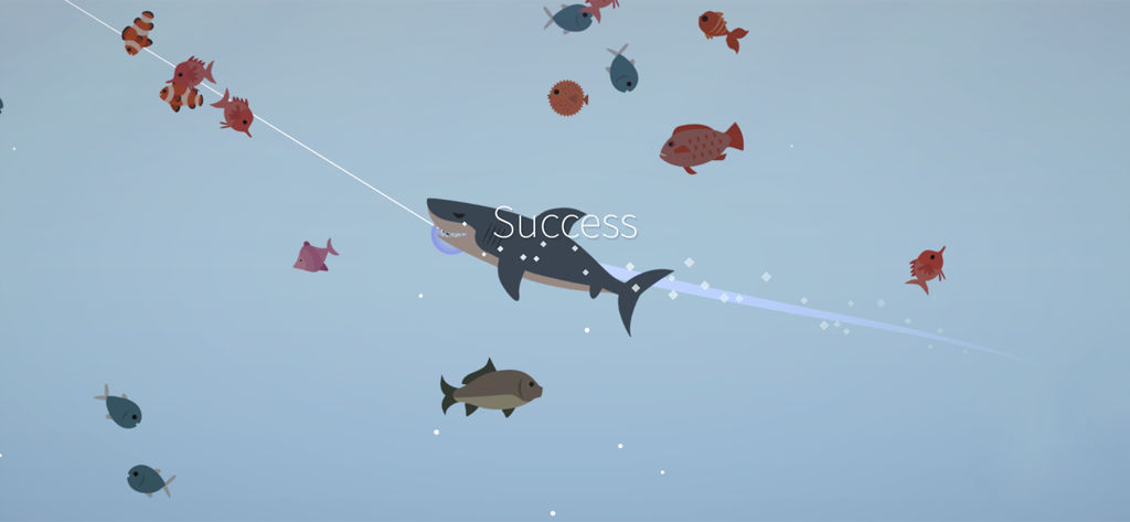 Ein erfolgreicher Hai-Fang in der minimalistischen Unterwasserumgebung des Spiels Fishing and Life.