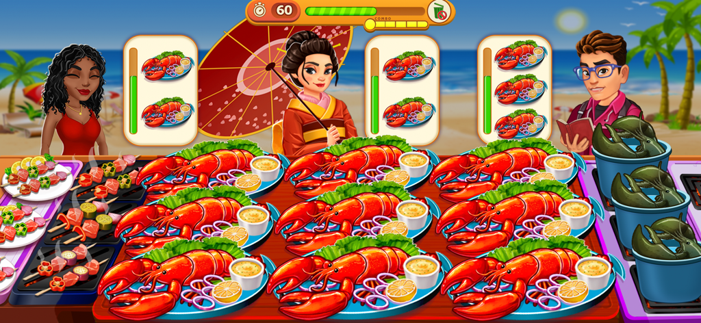 Gameplay screenshot of Cooking Max showing customers waiting for lobster plates at a tropical beach restaurant