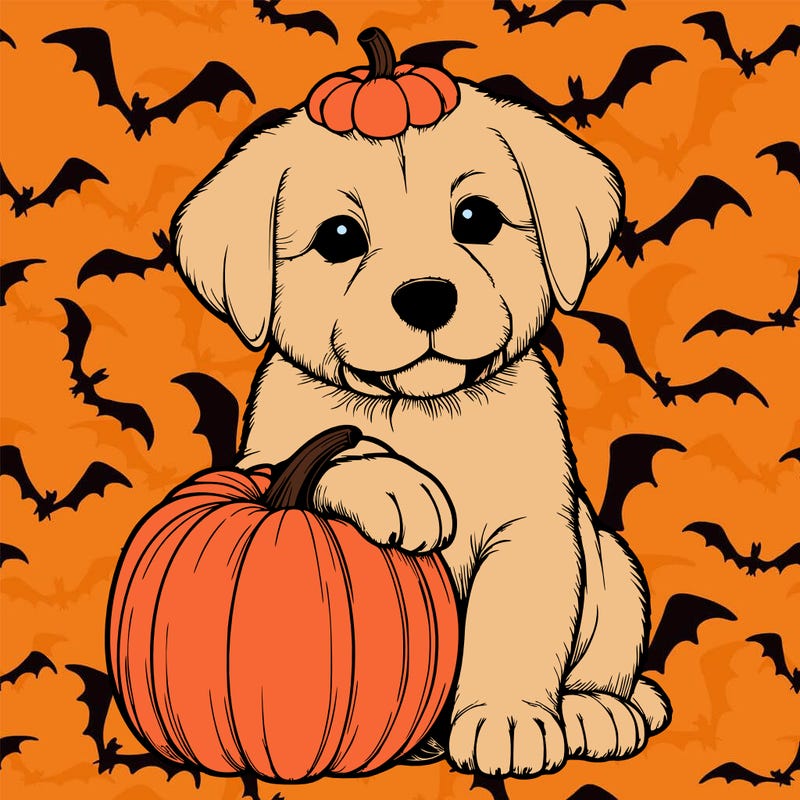 a realistic puppywith a pumpkin on his head
