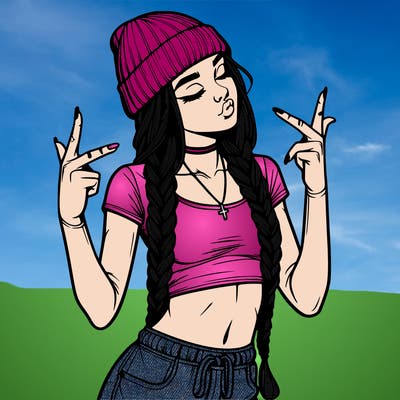 realistic teenage girl with braids and a beanie and crop top doing 🫶🏼