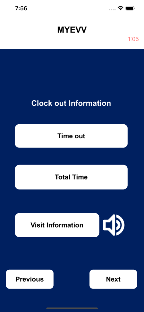 MYEVV - MYEVV app clock out information screen featuring buttons for time out total time and visit information