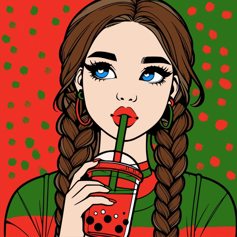 realistic girl with braided hair drinking boba