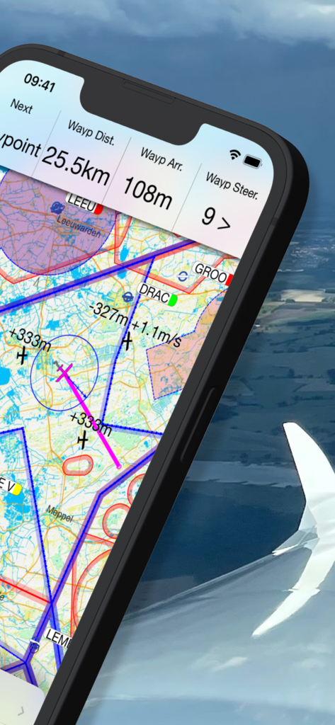 iPhone showing iGlide Lite soaring navigation map with waypoints and flight data