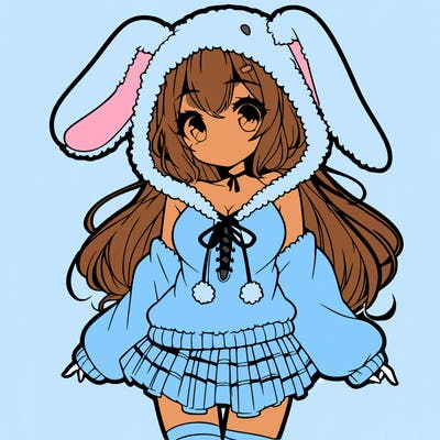 pretty anime girl wearing a fluffy hoodie with bunny ears on the hood and a skirt
