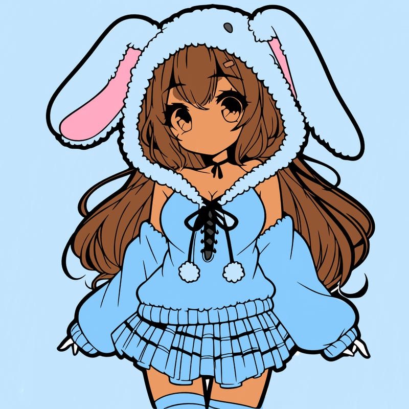 pretty anime girl wearing a fluffy hoodie with bunny ears on the hood and a skirt