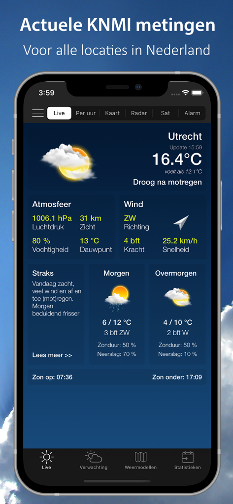 Interface do aplicativo mostrando o clima atual em Utrecht com dados de temperatura, vento e pressão