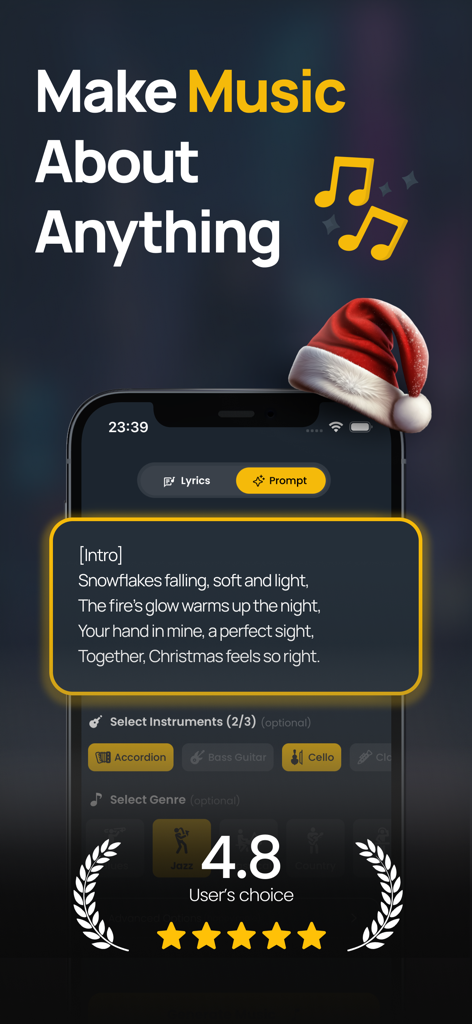 AI Music app screen showing lyric generation and instrument selection for creating custom songs