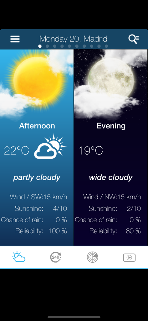 Weather for Spain - マドリードの毎日の天気予報、午後の気温と夜の気温、風の状況が表示されています