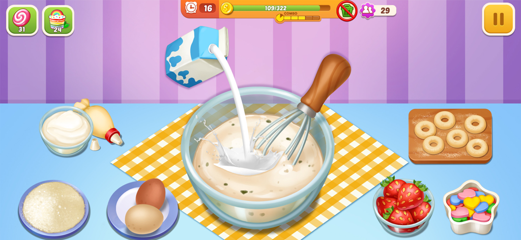 Crazy Kitchen: Cooking Games - Baking scene in Crazy Kitchen game showing ingredients and mixing batter