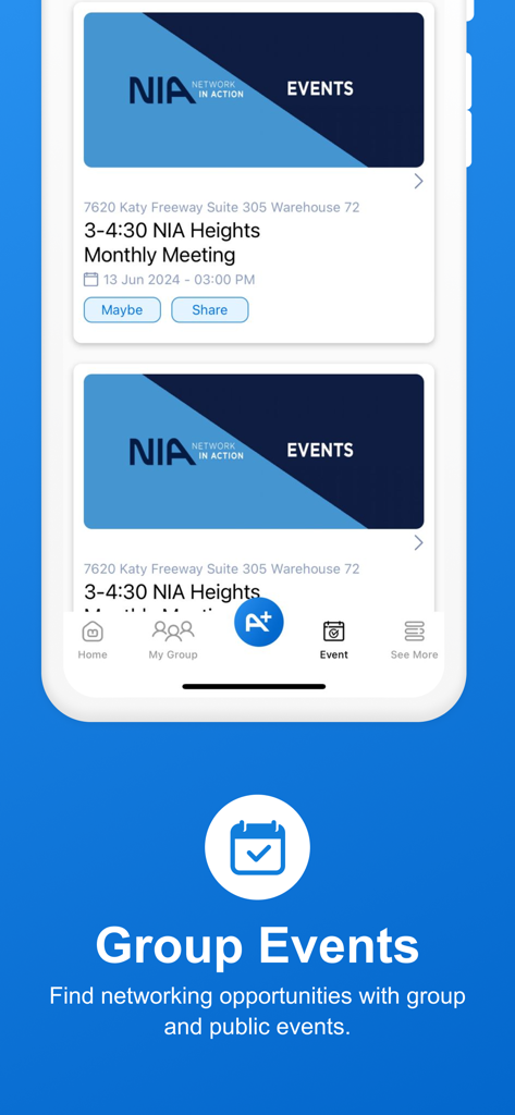 Network In Action - Tela de eventos de networking em grupo do aplicativo móvel Network In Action