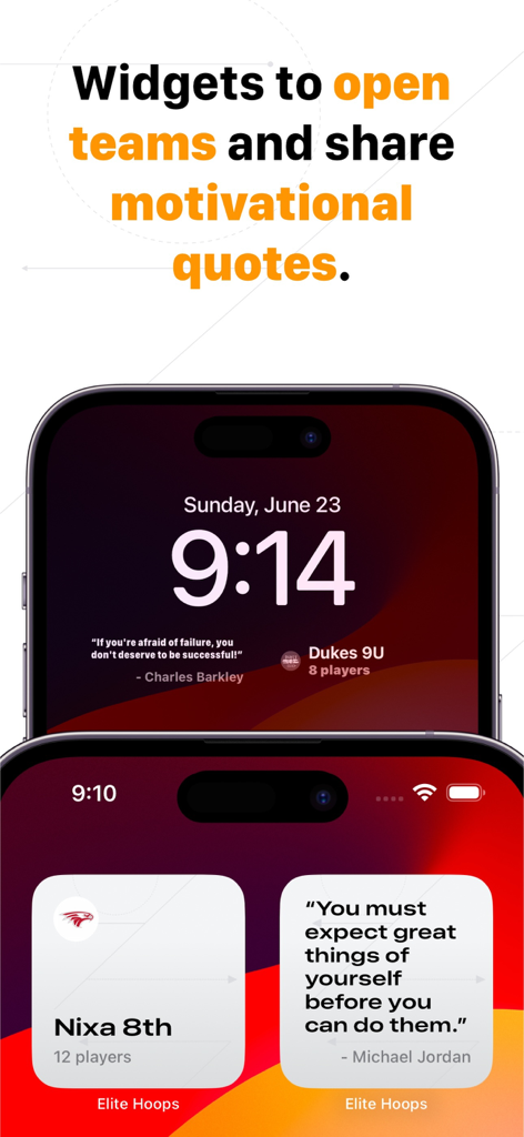 Basketball Coach: Elite Hoops - iPhone lock screen and home screen showing basketball team management widgets and motivational sports quotes