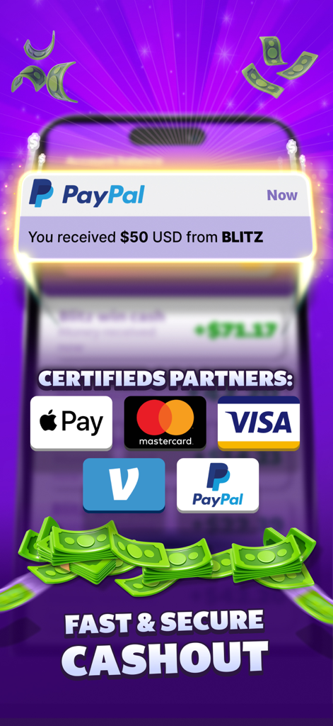 Blitz - Win Cash - Interface do aplicativo Blitz mostrando opções de saque rápidas e seguras com uma notificação de pagamento de 50 dólares do PayPal e logotipos para Apple Pay, Venmo e Visa