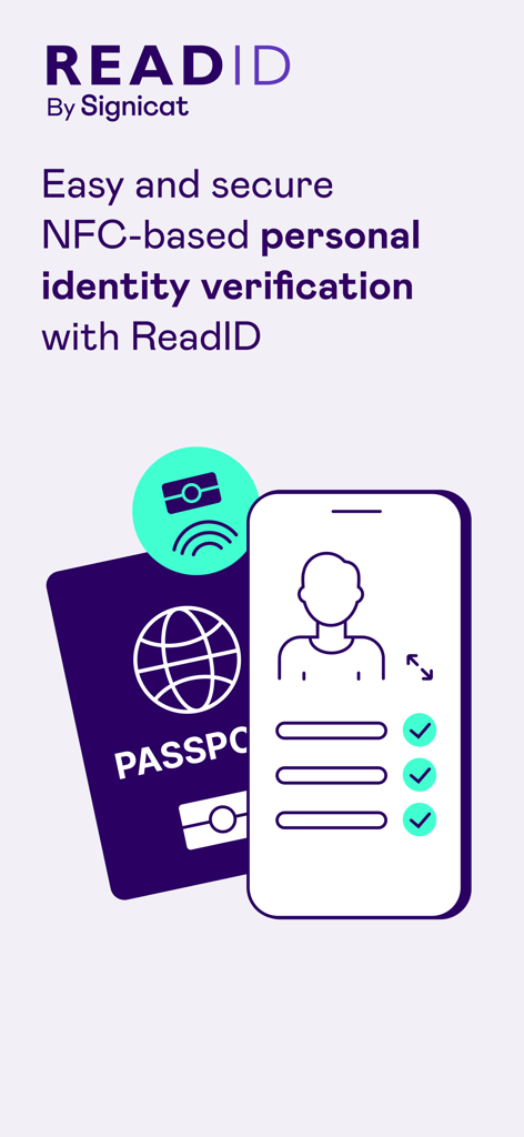Ilustración de la aplicación ReadID Me que muestra la verificación segura de identidad personal basada en NFC con un pasaporte y un smartphone