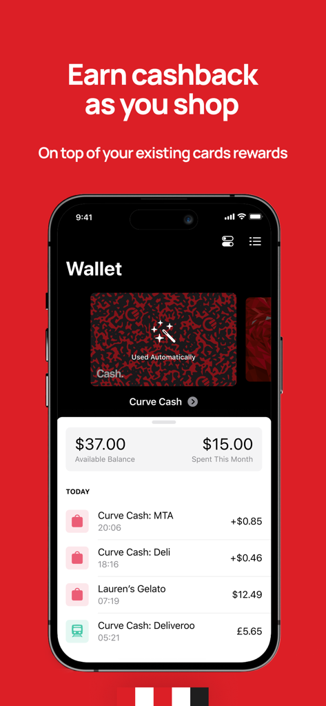 Curve - The Global Wallet - Curve app interface showing the Curve Cash wallet with available balance and transaction rewards from various retailers