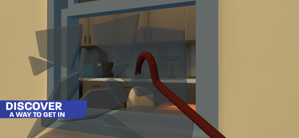 Thief Simulator: Sneak & Steal - Un jugador usando una barra de hierro roja para romper una ventana de cristal en Thief Simulator Sneak and Steal