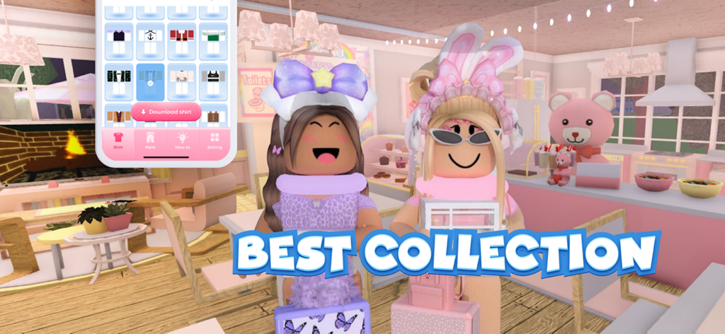 Shirts for Blox Maker - Dois avatares Roblox da moda exibindo estilos de roupas estéticas do aplicativo Shirts for Blox Maker