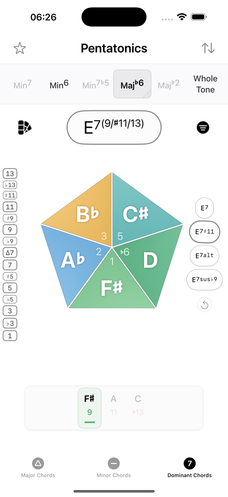 Pentatonics - Take Five - A colorful pentagon visualizer showing the relationship between scales and chords in the Pentatonics music app
