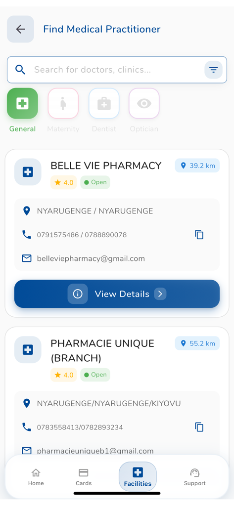 E-VUZE - E-VUZE mobile app screen showing a list of pharmacies and medical providers with their distance and contact details