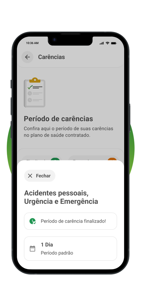 MedSênior-App-Oberfläche, die den Status der Wartezeiten der Krankenversicherung für medizinische Notfälle anzeigt