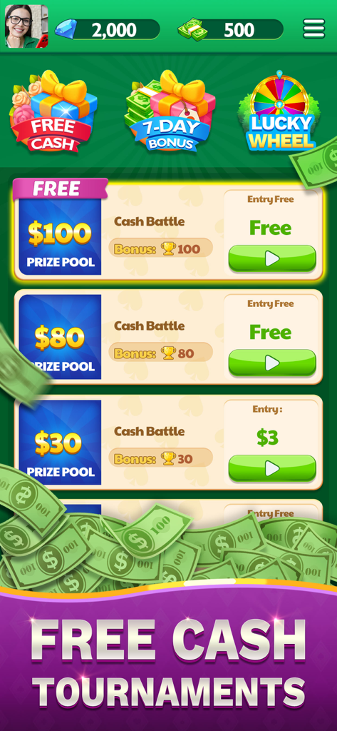 Solitaire of Cash - Solitaire of Cash game screen showing free cash tournaments and prize pools
