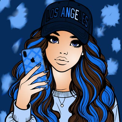 realistic beautiful girl wearing los ángeles cap holding an iphone