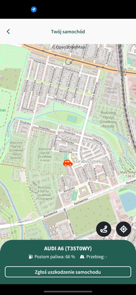 BEEP.rent - BEEP.rent 앱의 지도 보기로, 렌트한 Audi A6 차량의 위치와 연료 수준을 보여줍니다.