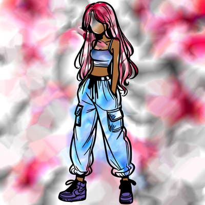 girl in baggy pants crop top and long hair