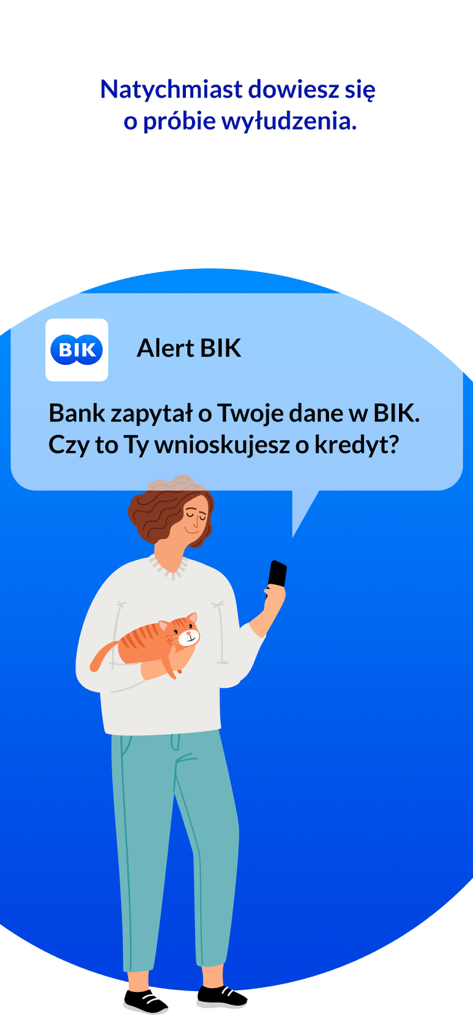 Illustration einer Frau, die eine Echtzeit-BIK-Kreditwarnung auf ihrem Smartphone erhält, um Identitätsdiebstahl zu verhindern