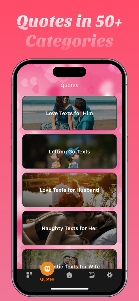 Love Tracker: Day Counter - Tela de aplicativo móvel mostrando mais de 50 categorias de citações de amor românticas e mensagens de texto para casais.