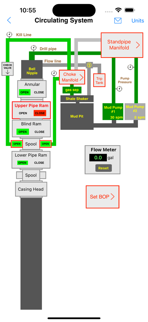 Interactive schematic of a drilling rig circulating system showing manifolds mud pumps and blowout preventer stack