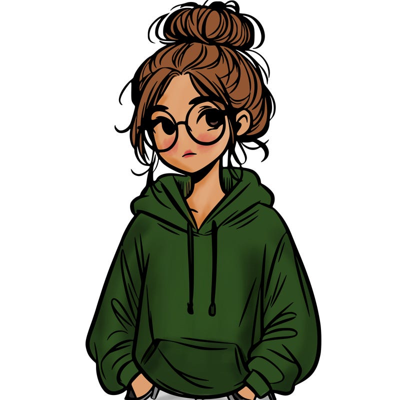 teen girl with a messy bun and glasses wearing a loose hoodie and jeans