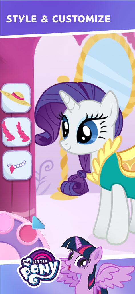 Styling and customizing a My Little Pony character with accessories in the Budge Kids Games app