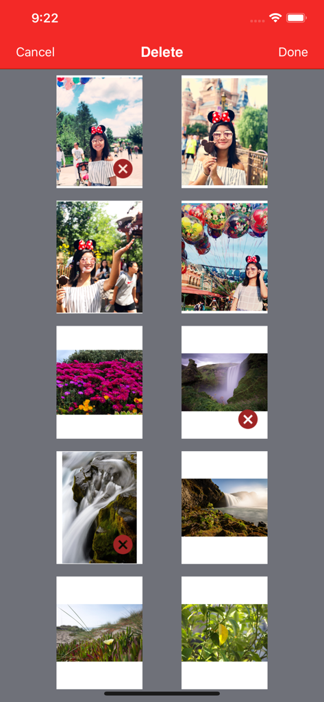Interfaccia utente che mostra la selezione e l'eliminazione di pagine o foto specifiche all'interno dell'app Power PDF Pro