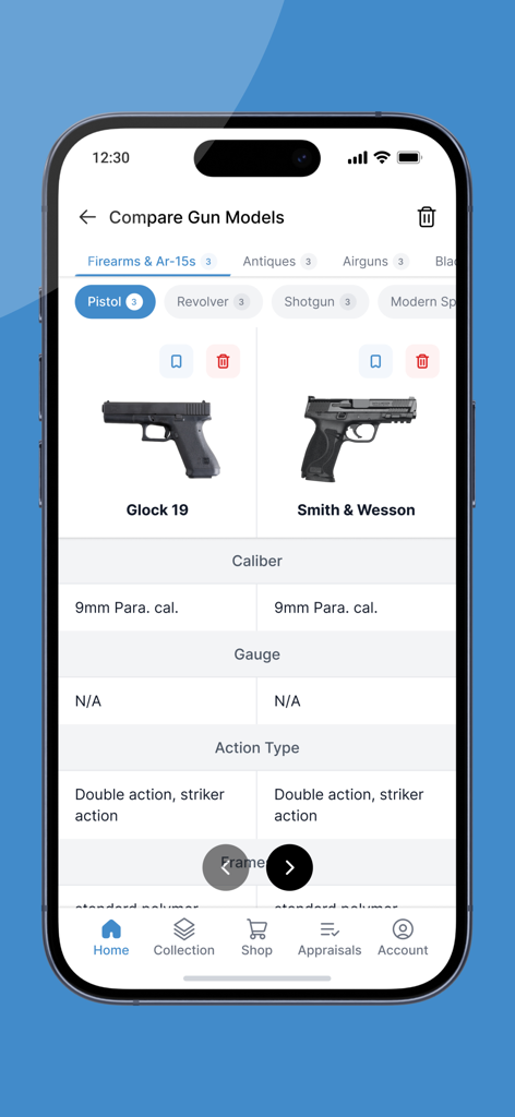 Side by side comparison of Glock 19 and Smith and Wesson pistol specifications in the Blue Book of Gun Values app