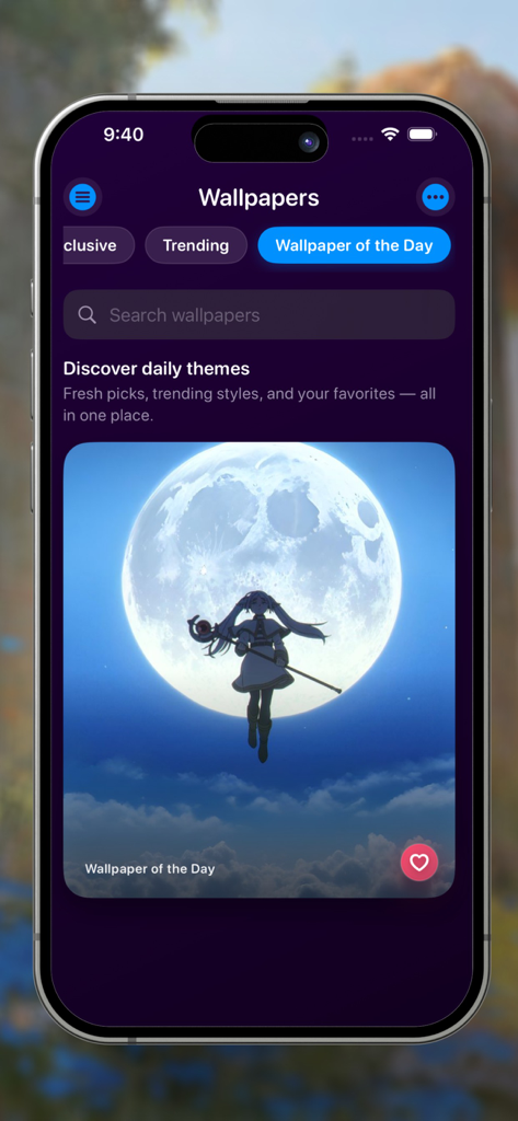 葬送のフリーレン 壁紙HDモバイルアプリのインターフェース。毎日の壁紙として満月を背景にしたアニメキャラクターを表示。