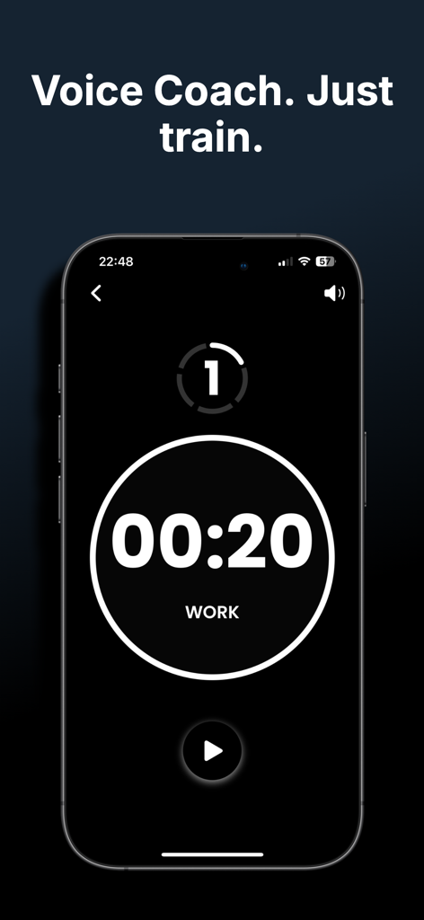 TimerFlex: HIIT & AI WOD Timer - Schermata di allenamento HIIT di TimerFlex con intervallo di lavoro di 20 secondi e funzione di coach vocale