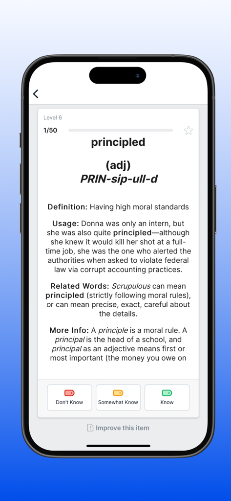 Manhattan Prep | GRE Practice - Manhattan Prep GRE app vocabulary flashcard for the word principled with definition and usage