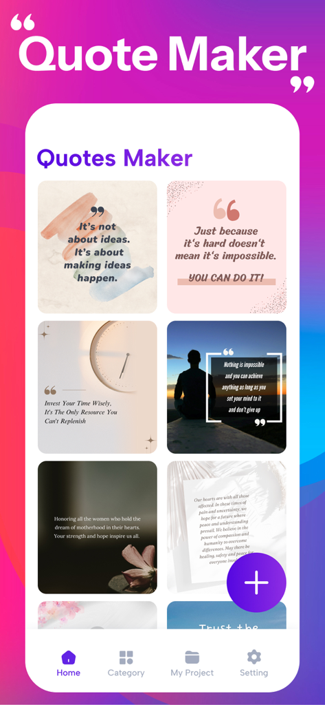 Pantalla de inicio de la aplicación móvil Quotes Creator mostrando varias plantillas de citas inspiradoras y motivacionales para redes sociales