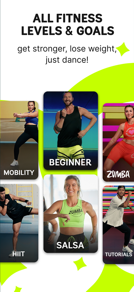 Selection of Zumba app workout categories for different fitness levels and goals