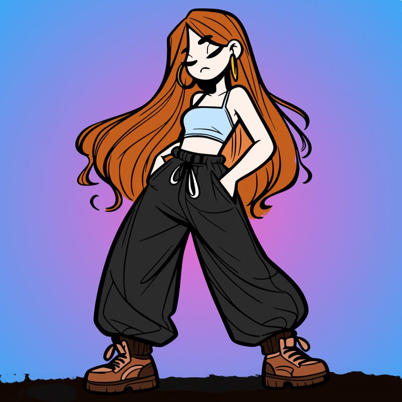 girl in baggy pants crop top and long hair