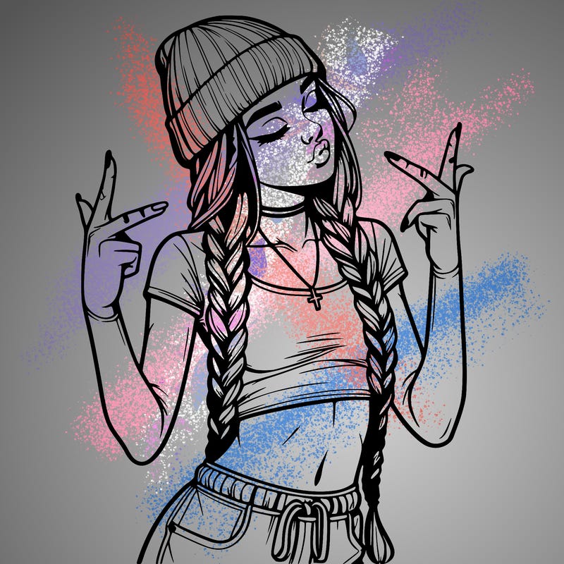 realistic teenage girl with braids and a beanie and crop top doing 🫶🏼