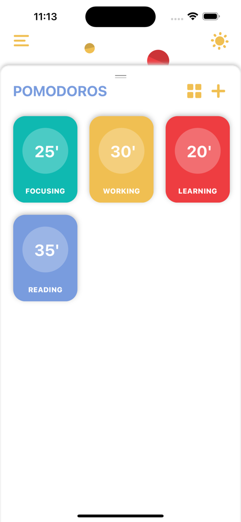 Pomodoro Daily - Interfaz de la aplicación Pomodoro Daily que muestra preconfiguraciones de temporizador coloridas para tareas de enfoque, trabajo, aprendizaje y lectura.