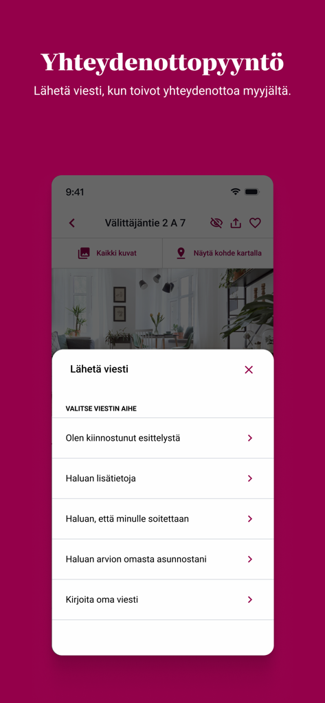 Etuovi.com - Contact request interface in the Etuovi.com mobile app for Finnish real estate