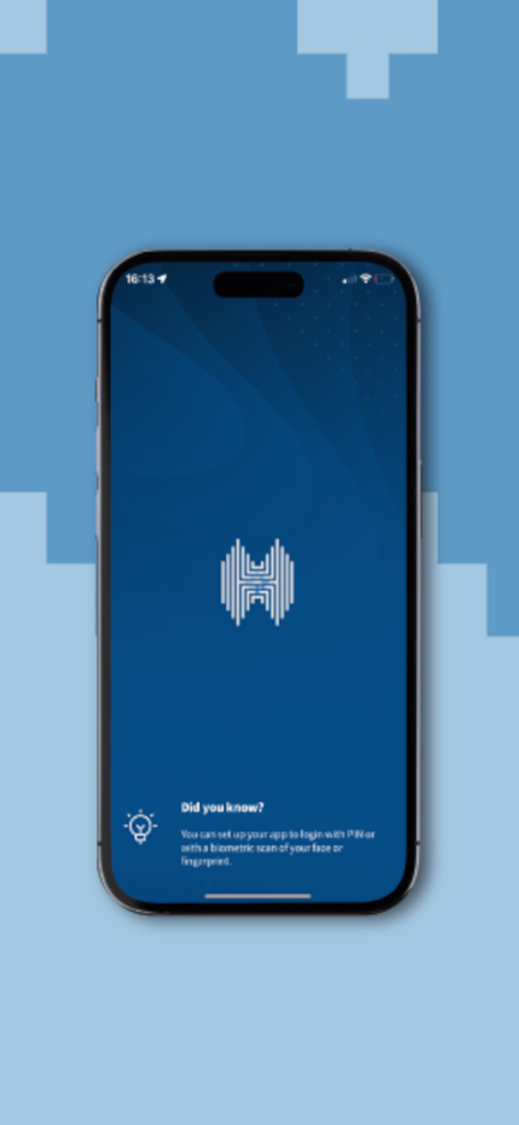 Halkbank Skopje mobile app login screen with a tip about setting up biometric and PIN authentication